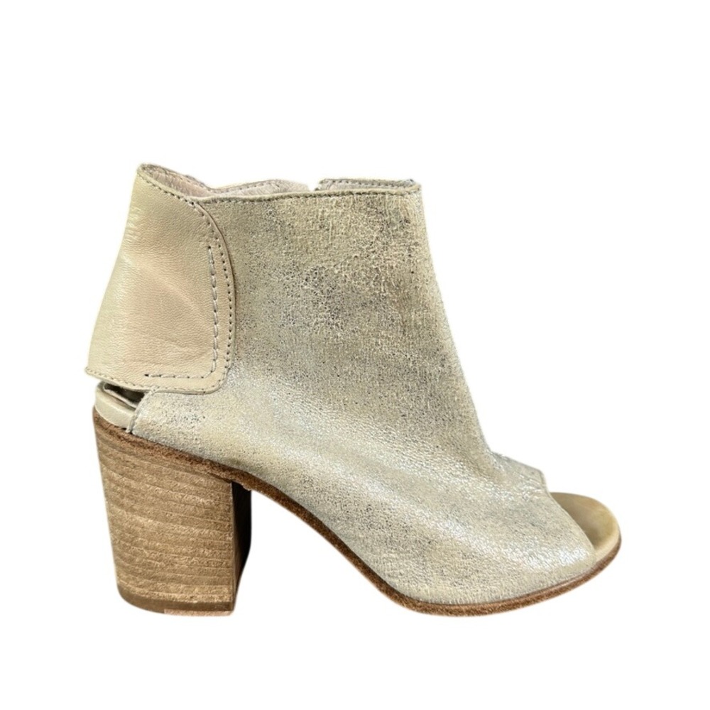 Free People Metallic Silver Leather Peep Toe Block Heel Ankle Boots Size 38.5
